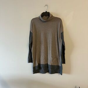 Eileen Fisher Color Block Tunic Turtleneck Knit Sweater Tan Grey Merino Wool L